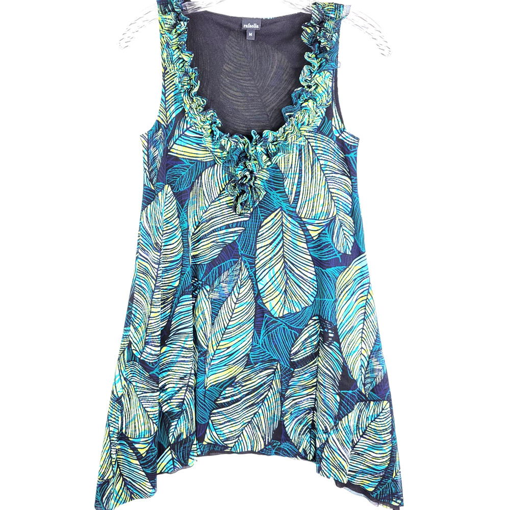 Rafaella Top M Green Leaf Print Ruffled Neckline